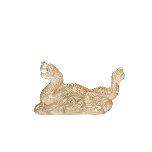 Tianlong Dragon Sculpture - Clear, Gold Luster Crystal (Lalique Special Order)