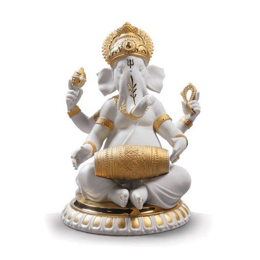 Mridangam Ganesha Figurine - Golden Lustre (Lladro Special Order)