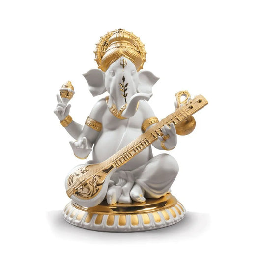 Veena Ganesha Figurine - Golden Lustre (Lladro Special Order)