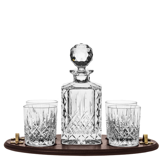 Solid Oak Club Tray Inc. Crystal Square Spirit Decanter & 4 Large Crystal Tumblers - London (Royal Scot Crystal) (Copy)