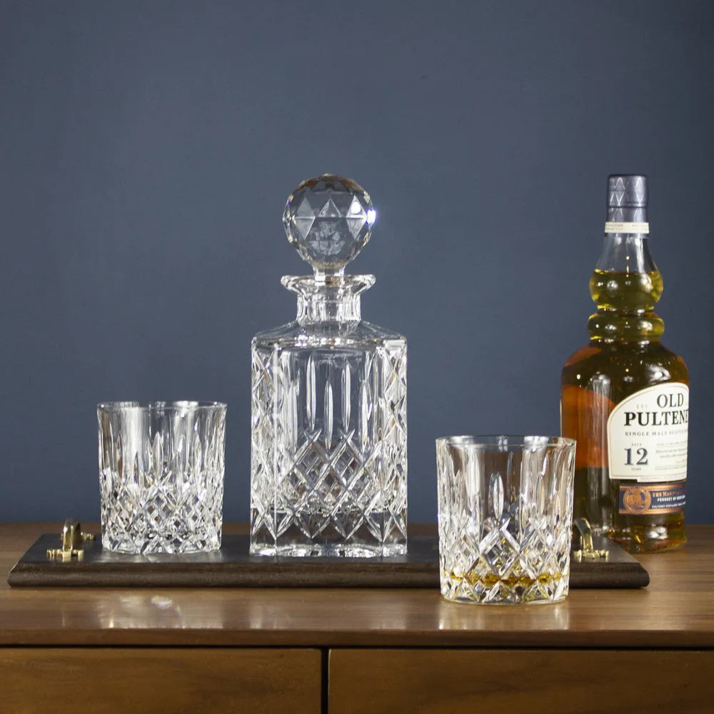 Solid Oak Whisky Tray & Crystal Square Spirit Decanter & 2 Large Crystal Tumblers - London (Royal Scot Crystal)