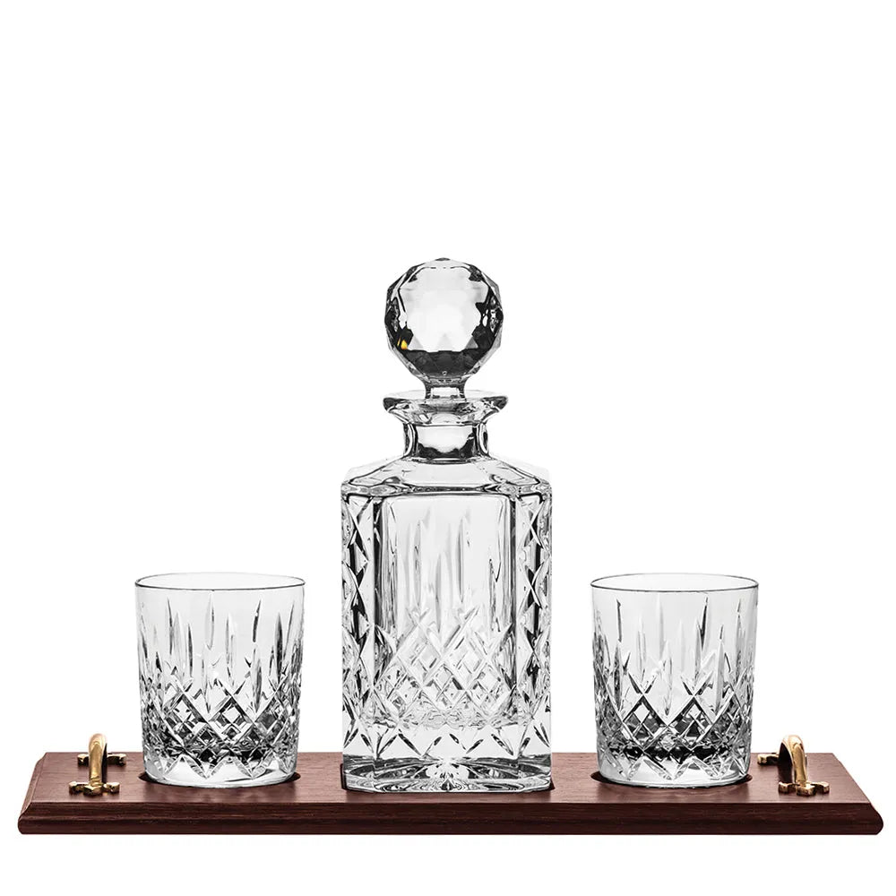 Solid Oak Whisky Tray & Crystal Square Spirit Decanter & 2 Large Crystal Tumblers - London (Royal Scot Crystal)