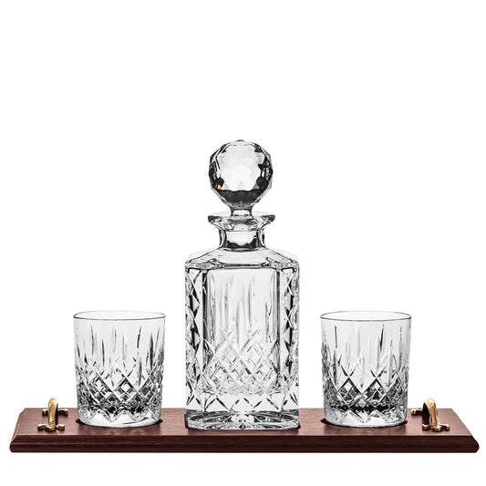 Solid Oak Whisky Tray & Crystal Square Spirit Decanter & 2 Large Crystal Tumblers - London (Royal Scot Crystal)